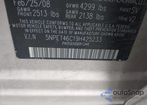 2009 Hyundai Sonata Gls z USA, uszkodzony, nr VIN 5NPET46C19H425233
